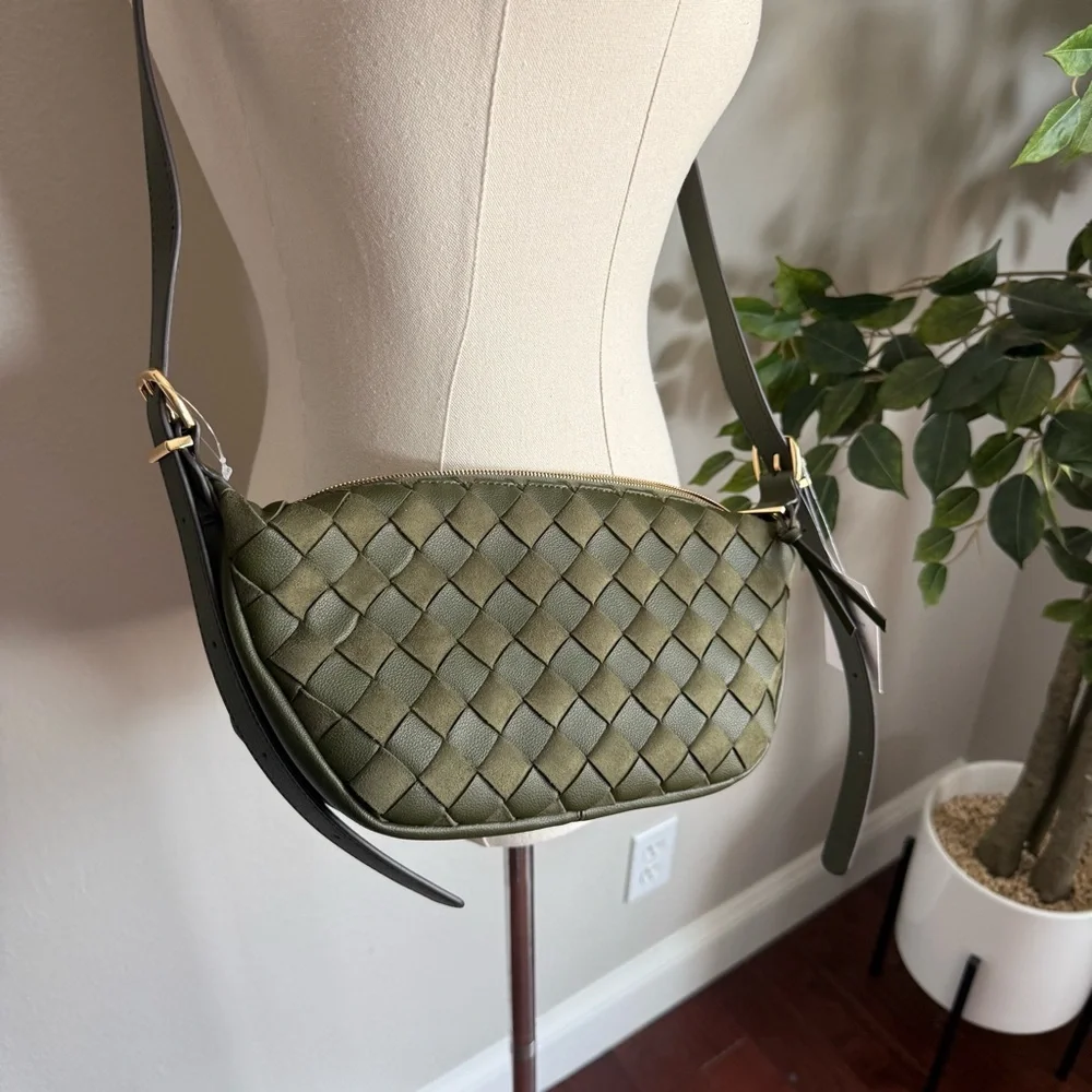 NWT Olive Green Woven Vegan Leather Crossbody Bag